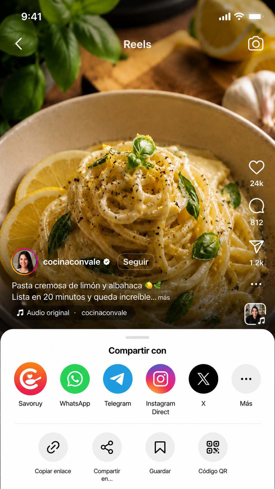 Reel de Instagram de pasta cremosa de limón siendo compartido a Savoruy